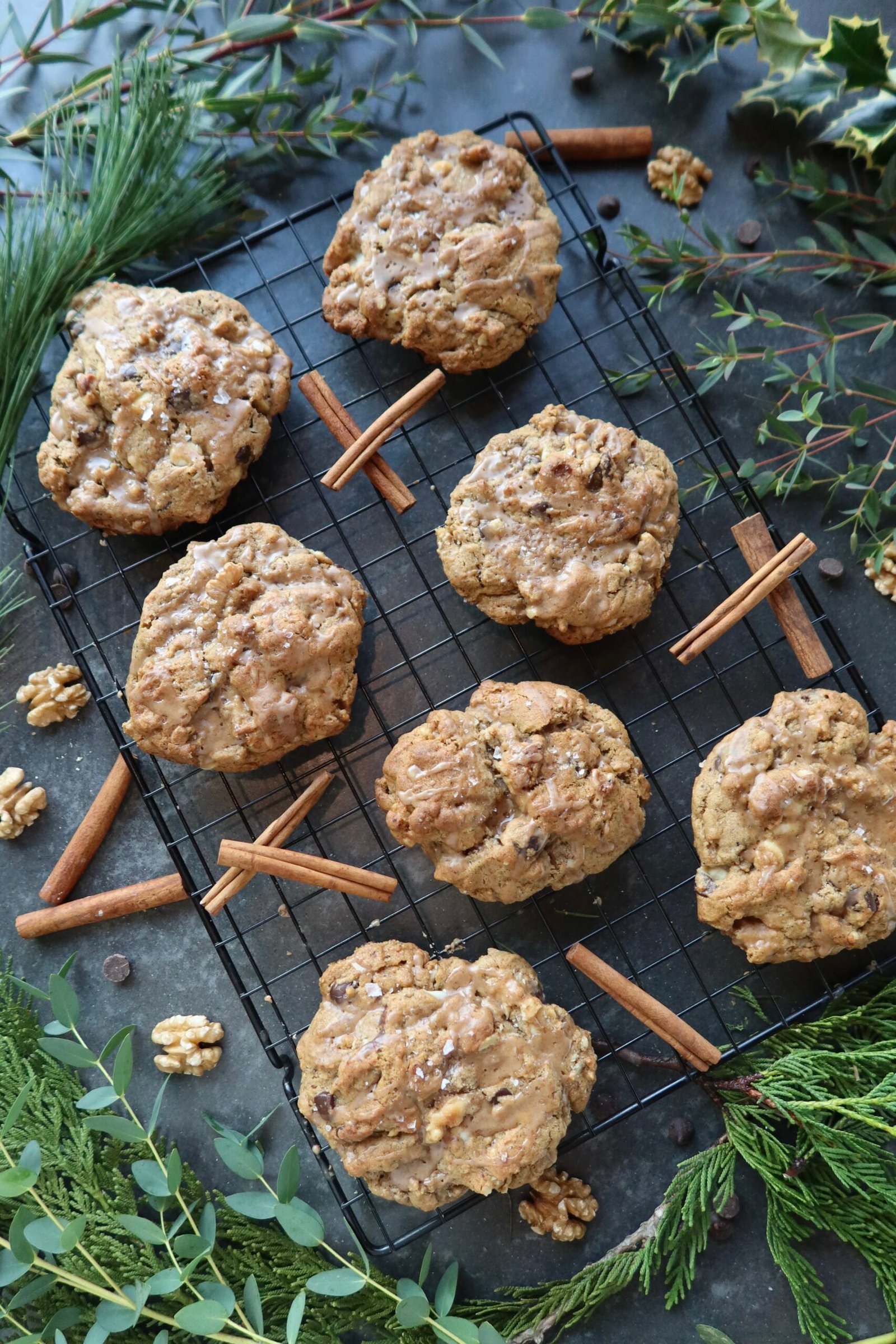 Thick brown butter chai levain cookies with chai glaze crisp edges and gooey centers