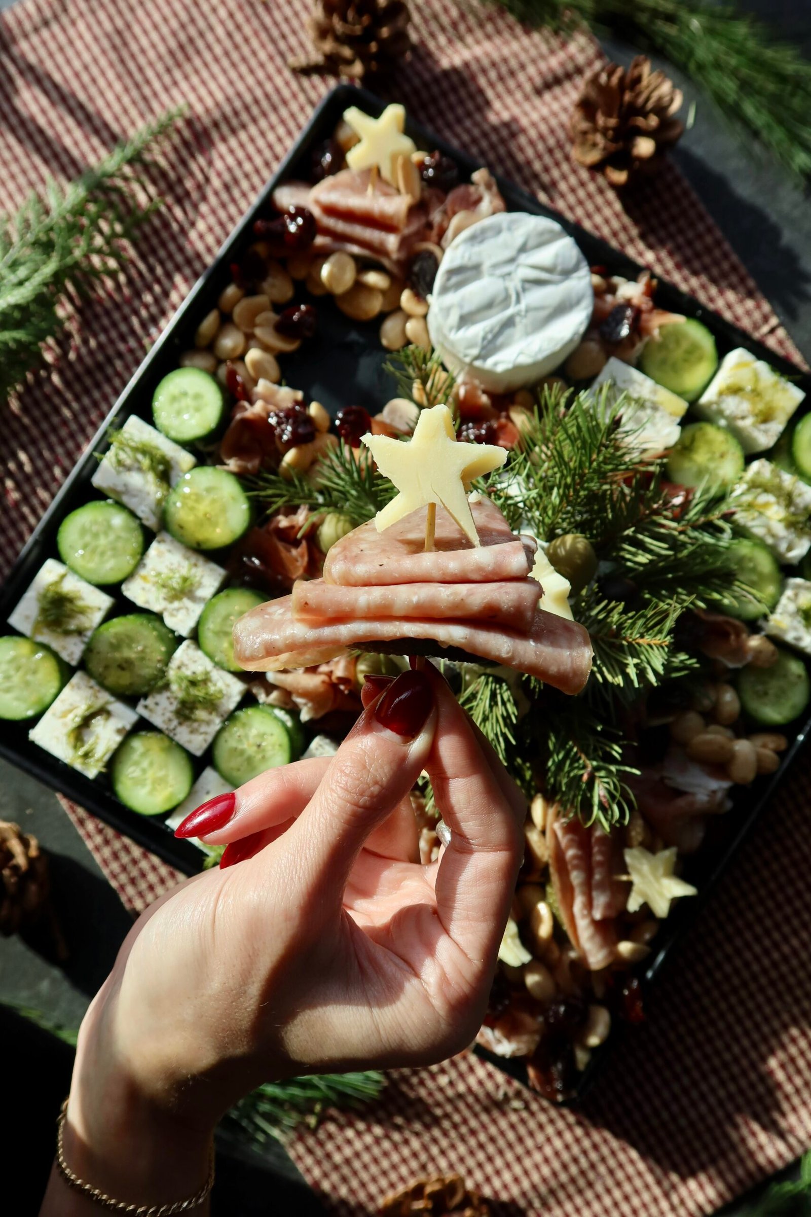 Christmas charcuterie board with Boursin cheese tree feta checkerboard and salami trees