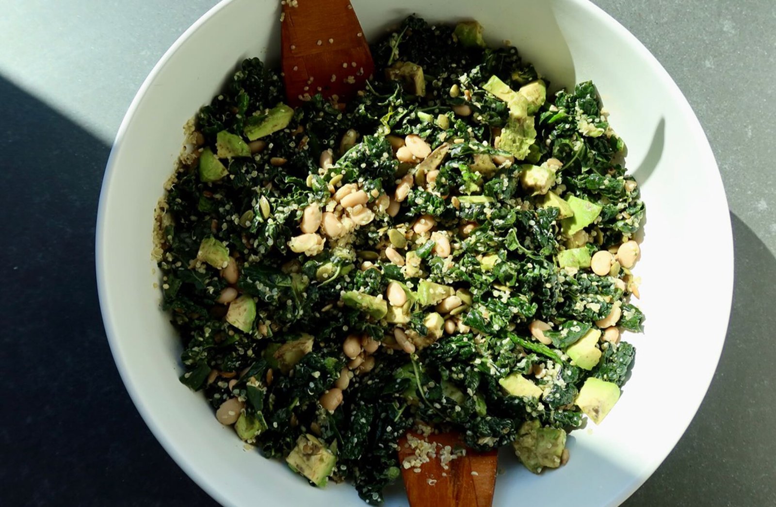 Erewhon white bean kale salad with quinoa seeds avocado