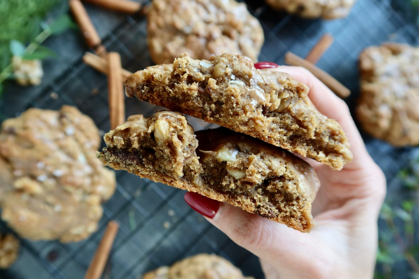 Thick brown butter chai levain cookies with chai glaze crisp edges and gooey centers