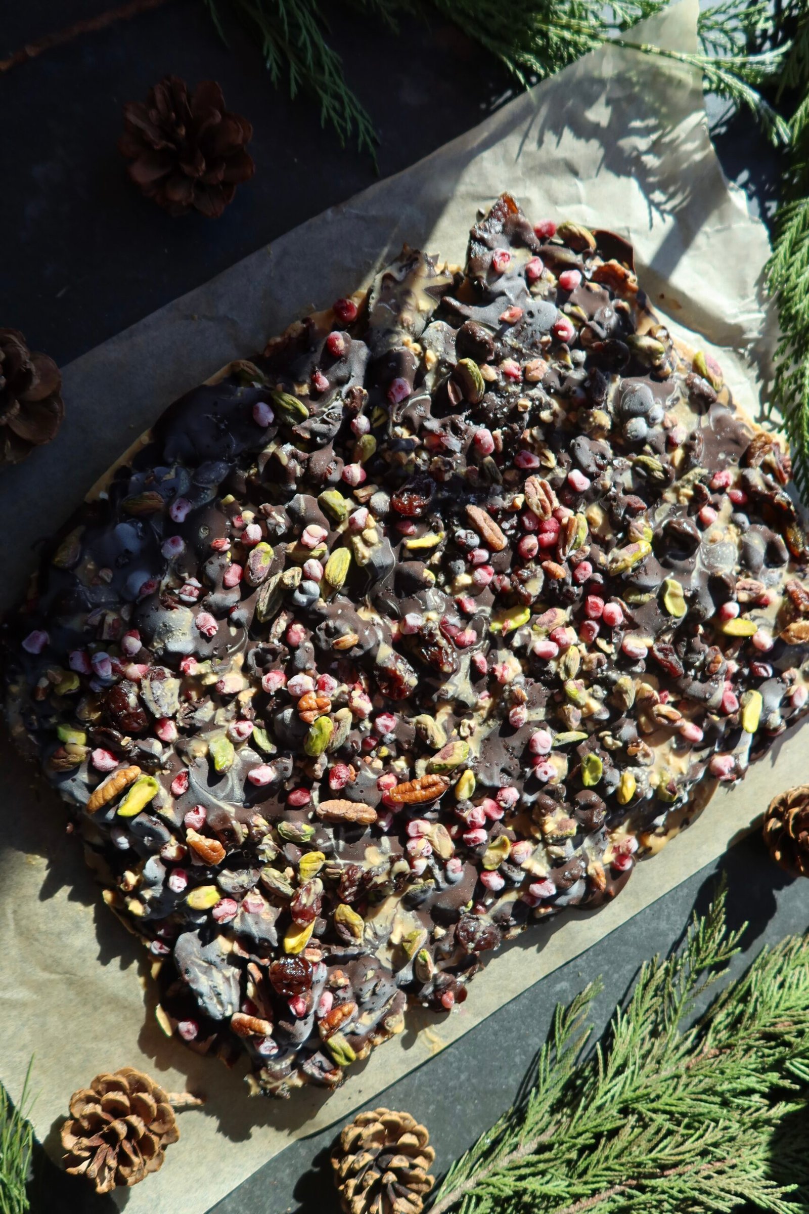 High protein ice cream date bark with cottage cheese nut butter walnuts pistachios pomegranate and dark chocolate