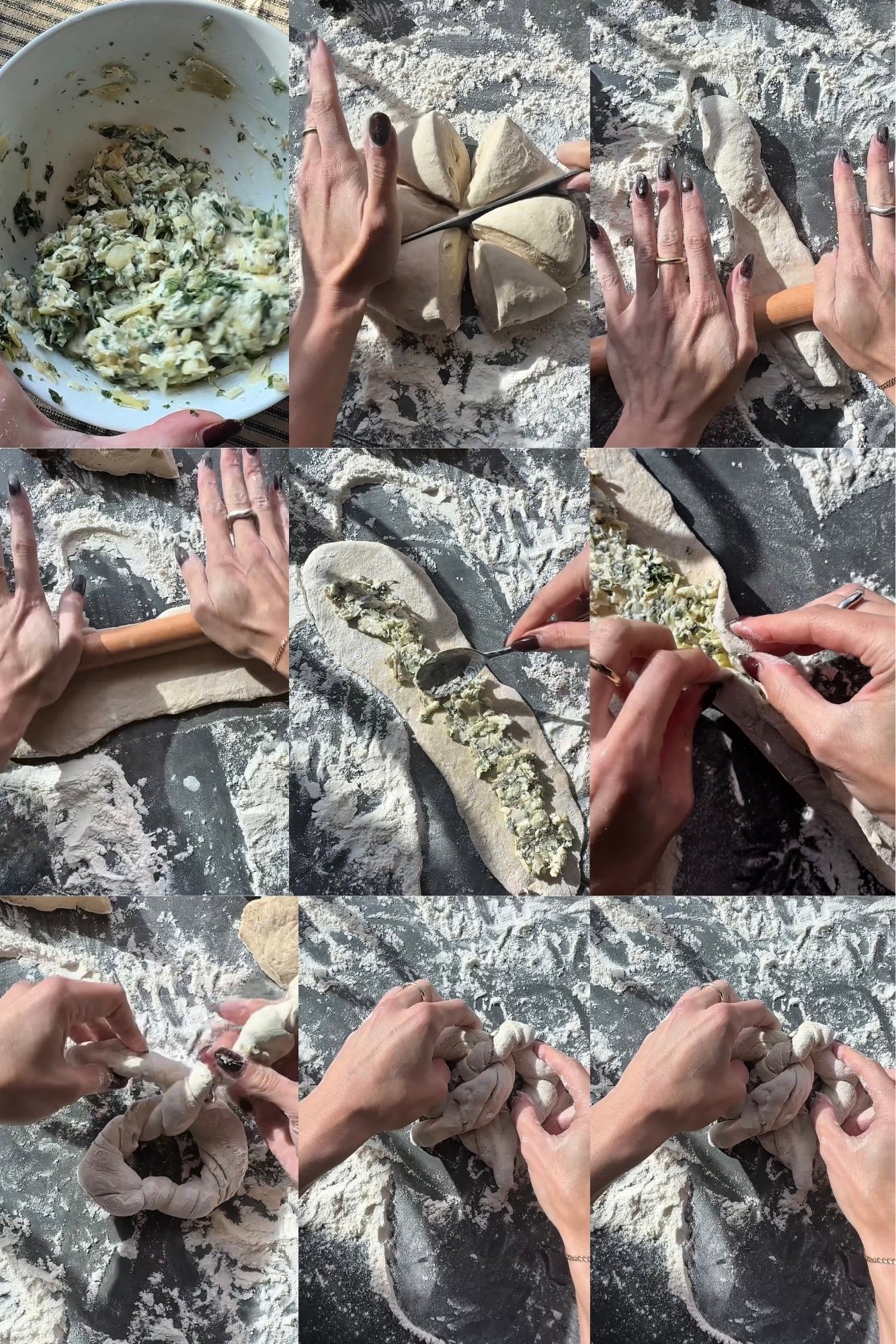 All the steps of making cheesy spinach artichoke stuffed sourdough pretzels