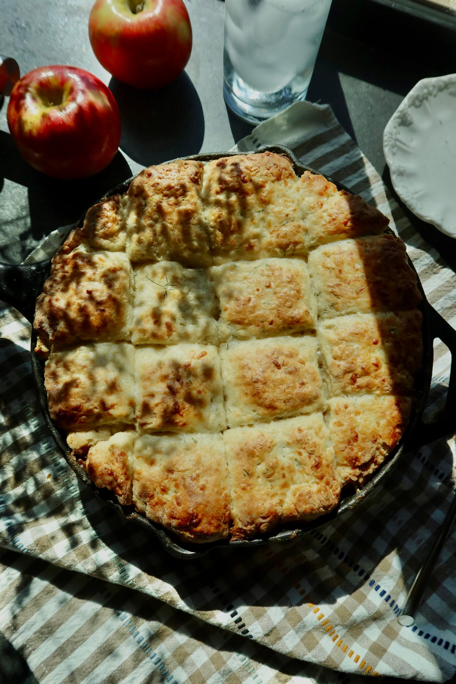 Apple cider chicken and corn biscuit cobbler with cheddar chive biscuits