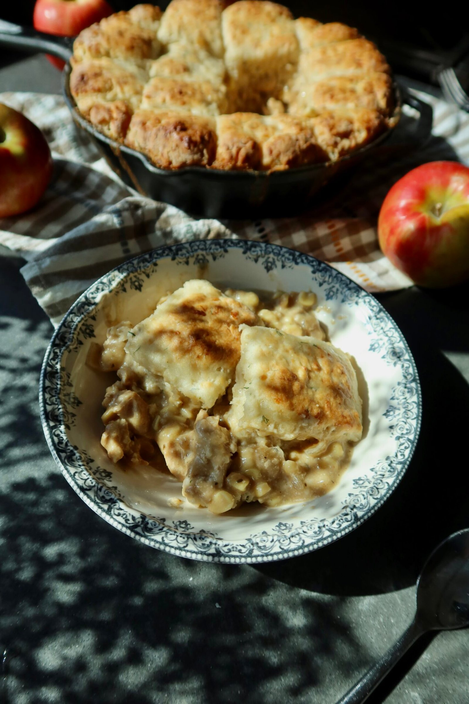 Apple cider chicken and corn biscuit cobbler with cheddar chive biscuits