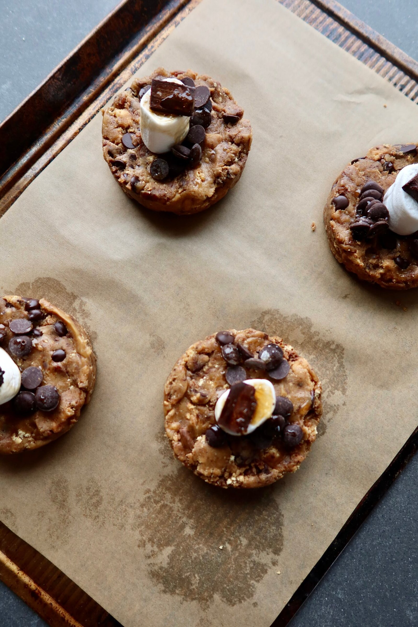 Giant brown butter s’mores cookie filled with molten chocolate, marshmallow and maple-date caramel