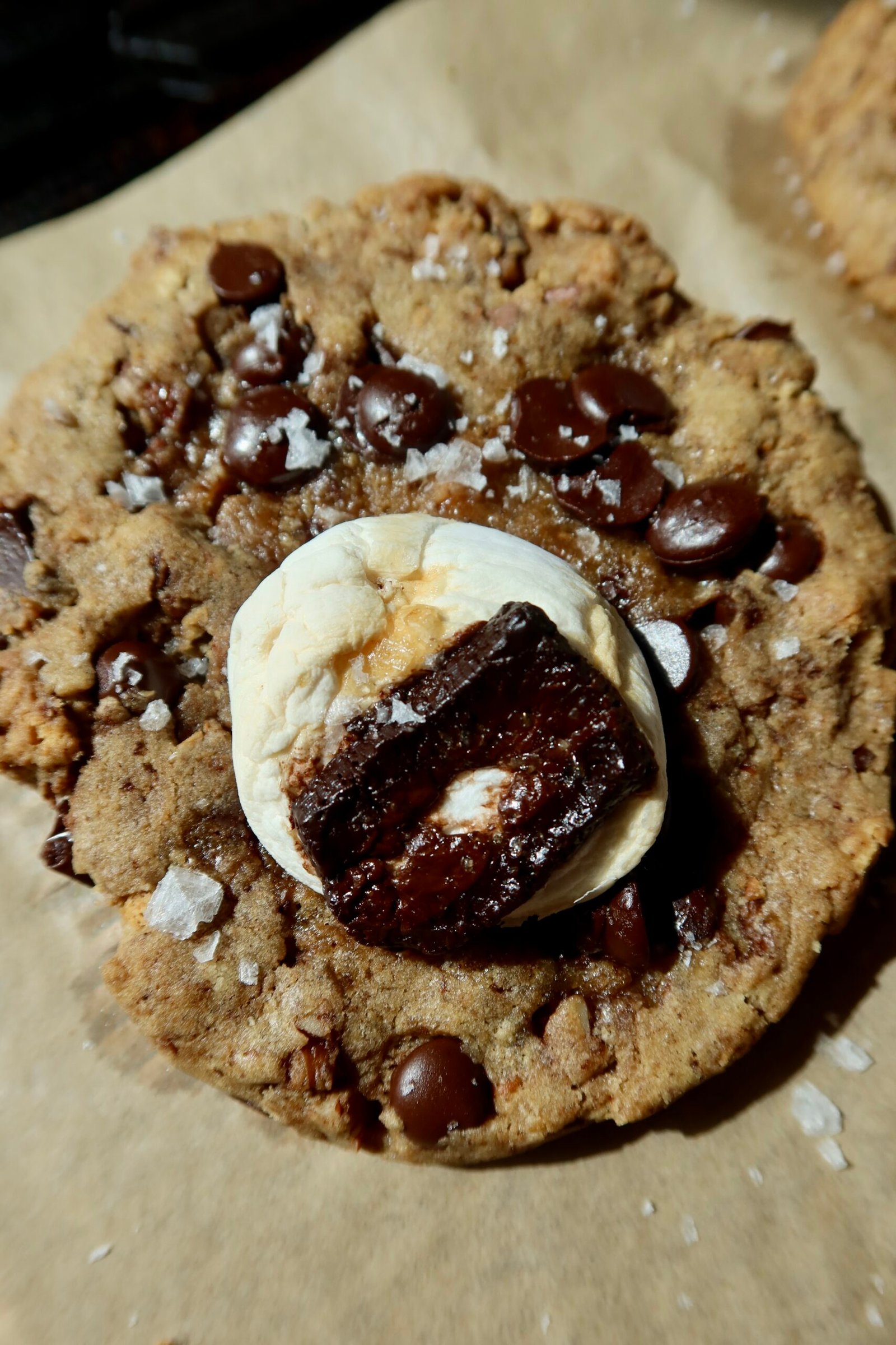 Giant brown butter s’mores cookie filled with molten chocolate, marshmallow and maple-date caramel