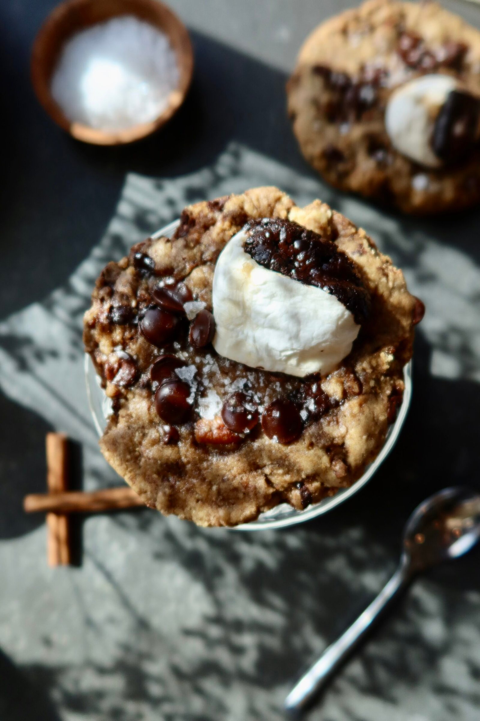 Giant brown butter s’mores cookie filled with molten chocolate, marshmallow and maple-date caramel