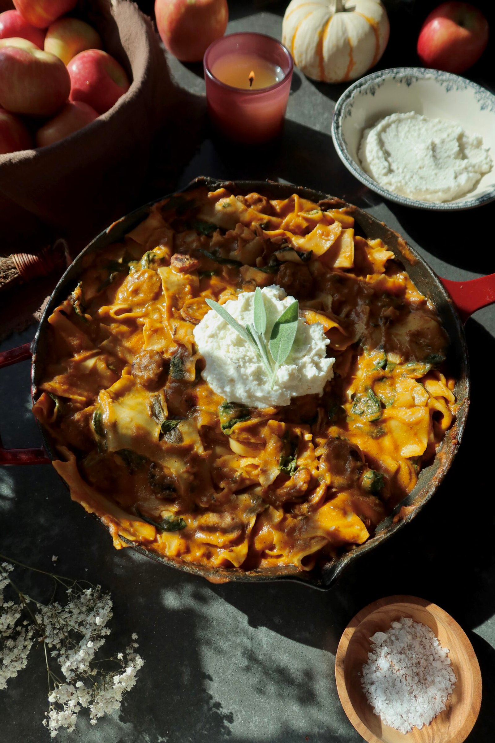 Brown butter pumpkin lasagna soup with Italian chicken sausage, lasagna ribbons, spinach and whipped ricotta.