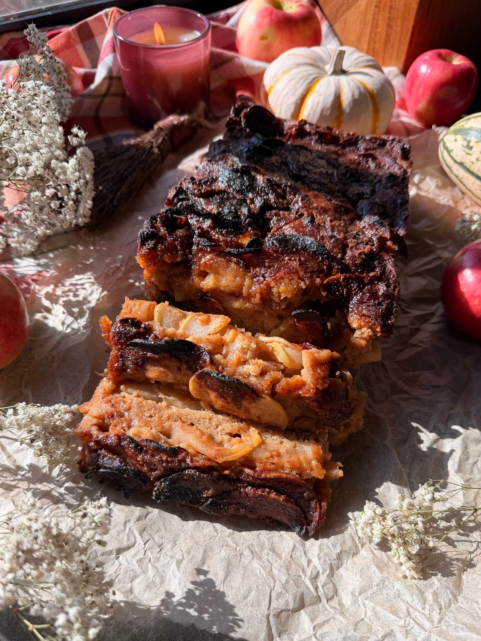 Cinnamon toast crunch brown butter apple cake with thin Honeycrisp apple layers and a caramelized cinnamon maple sugar crust.