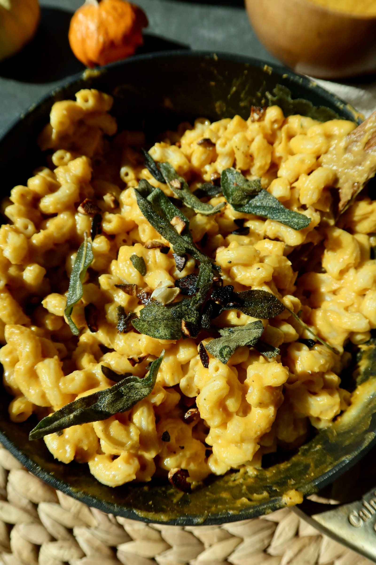 Creamy pumpkin mac and cheese with butternut squash, sharp cheddar, gouda and fresh sage