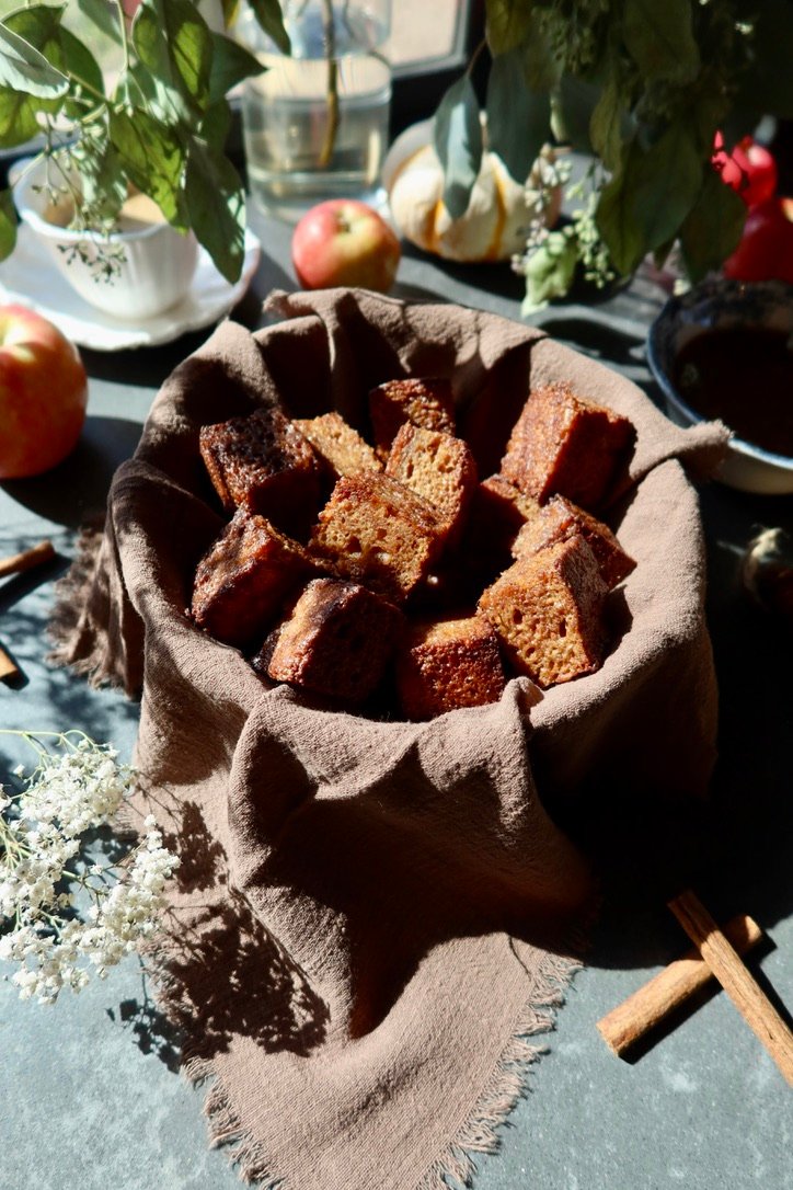 Brown butter apple cake churro bites with maple cinnamon sugar and salted maple caramel