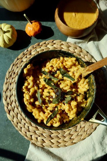 Creamy pumpkin mac and cheese with butternut squash, sharp cheddar, gouda and fresh sage
