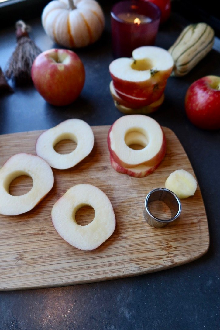 Easy puff pastry apple donuts with cinnamon apples, brown butter pecans and maple vanilla glaze